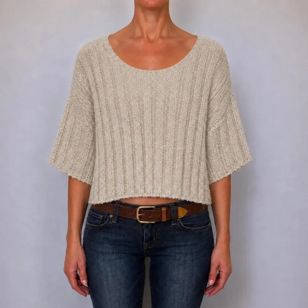 FREE PEOPLE Boho Luxury Cream Textured Wide Neck Cropped Sweater Size Large